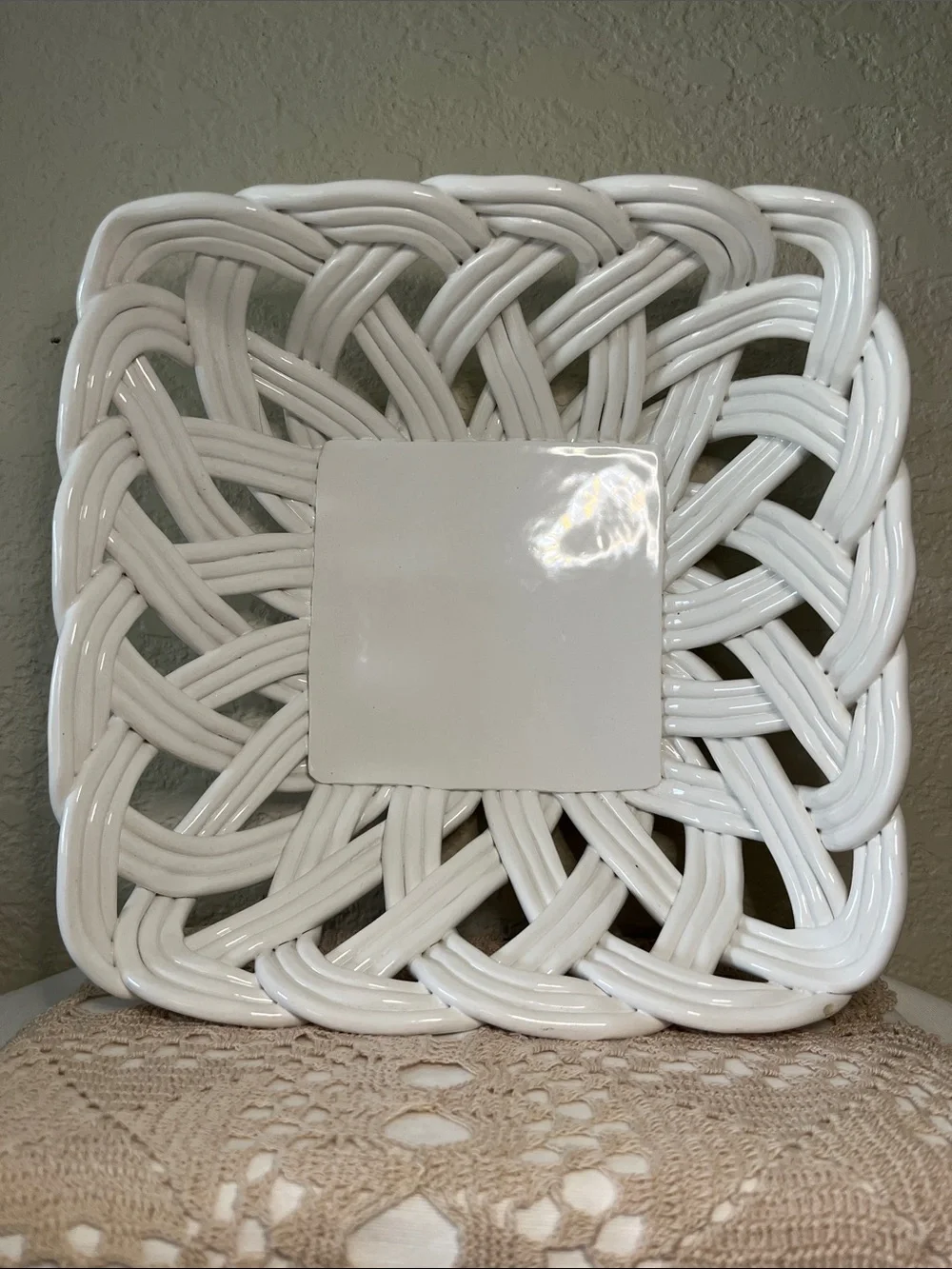 Living Colors White Ceramic Woven Basket Lattice Centerpiece 10”